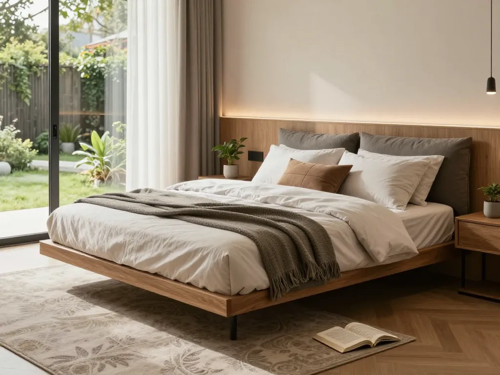 Stylish floating bed design in a modern bedroom, showcasing the tranquil ambiance of https://www.josephineinteriordesign.com/floating-beds/ with natural light and cozy decor.