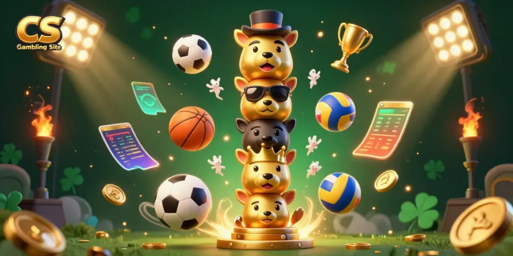 Engaging scene depicting a CS Gambling Site with vibrant sports elements, a golden totem, and dynamic energy.