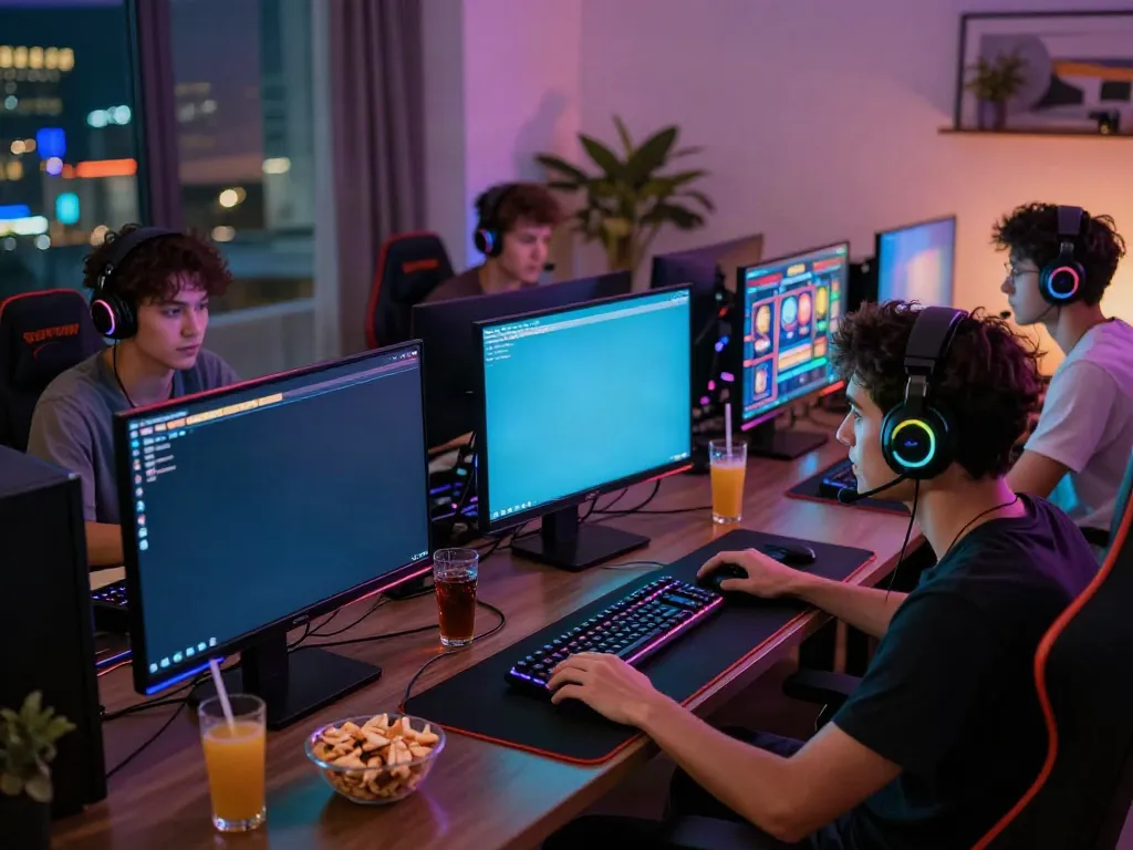 Akunjp gaming setup with friends enjoying vibrant slot games and snacks.