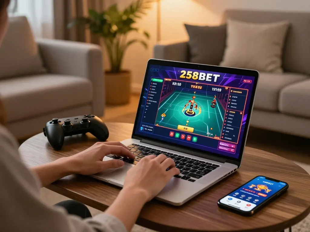 Enjoying 258bet online gaming experience on a cozy laptop setup at home