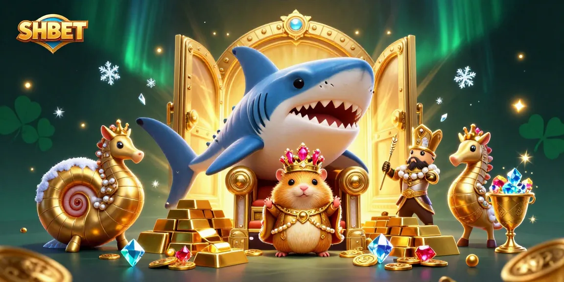 Engage with SHBET's world, featuring a golden hamster king on a megalodon throne surrounded by treasure and gaming symbols.