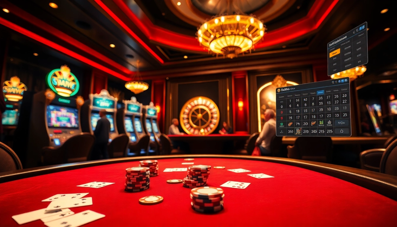 Bettors engaging with games at https://bet88b.us.com/ in a luxurious casino setting featured with poker chips and a roulette wheel.