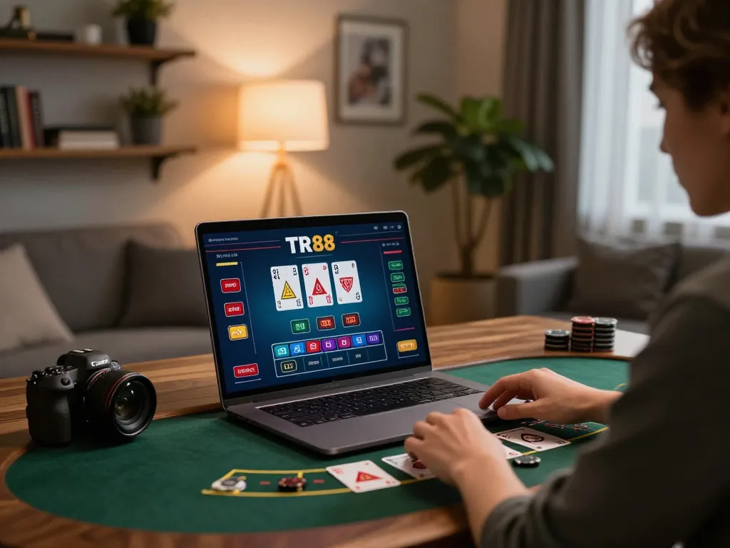 Play blackjack online at TR88 from a cozy home office setup.