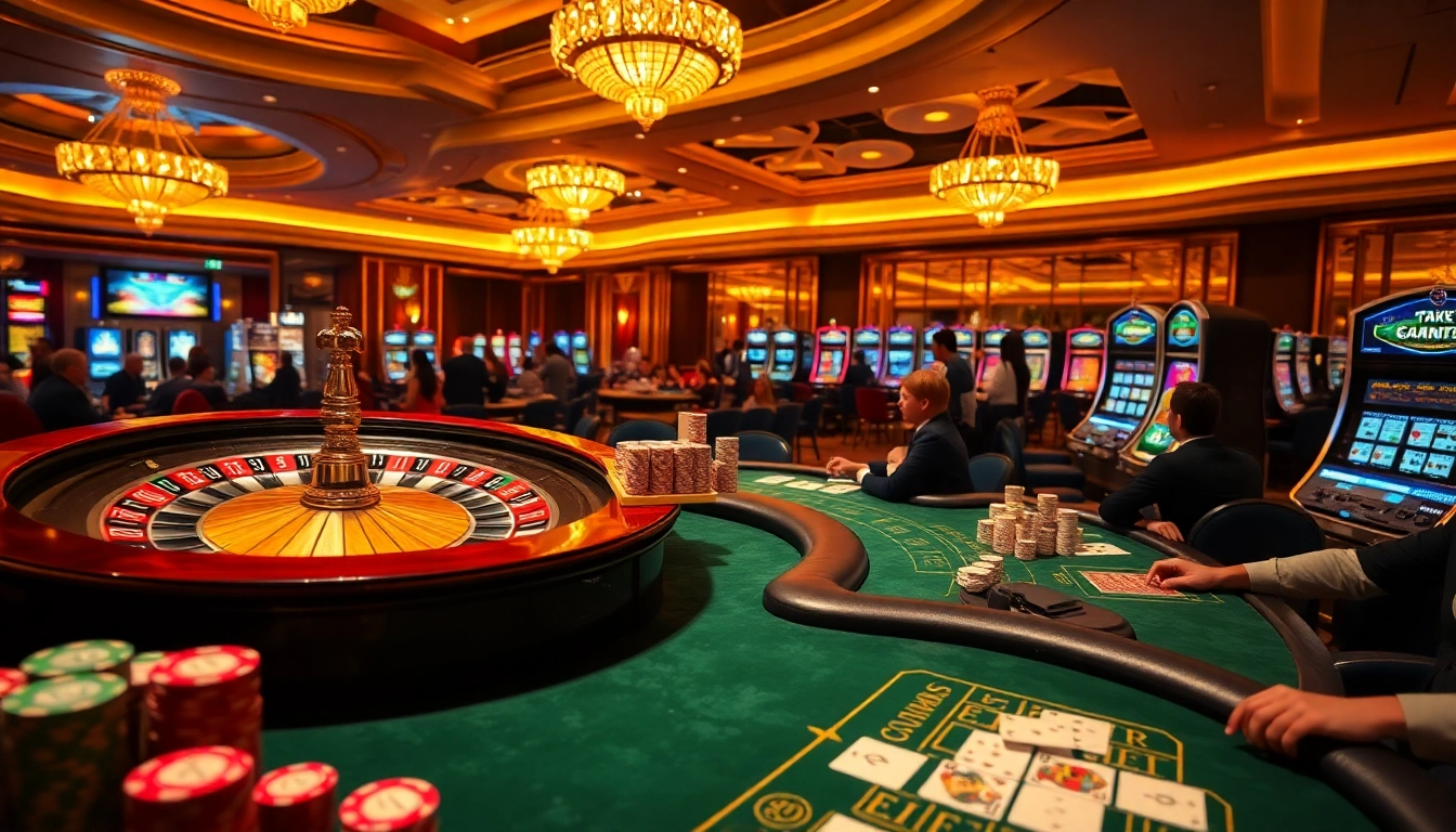 Engage in the thrilling experience of game đánh bài đổi thưởng with vibrant casino visuals showcasing poker tables and roulette wheels.