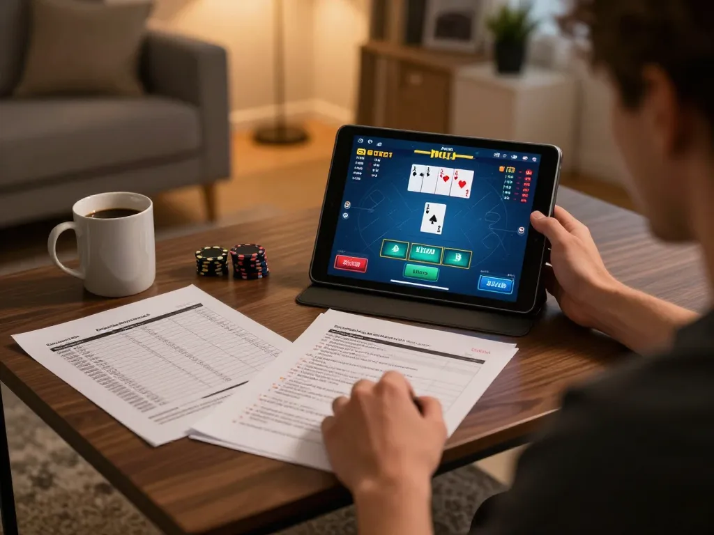RR88 player strategizing poker gameplay on tablet in a cozy home environment.