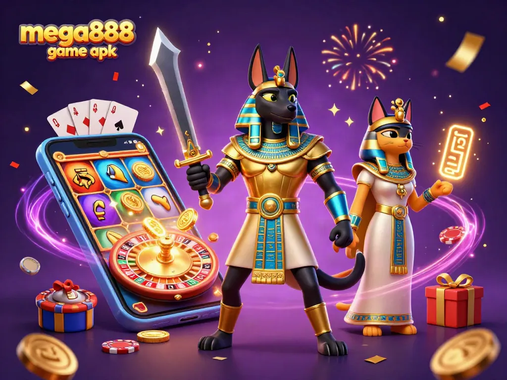 Engage with exciting mega888 game apk featuring Anubis and Bastet in a vibrant casino scene.