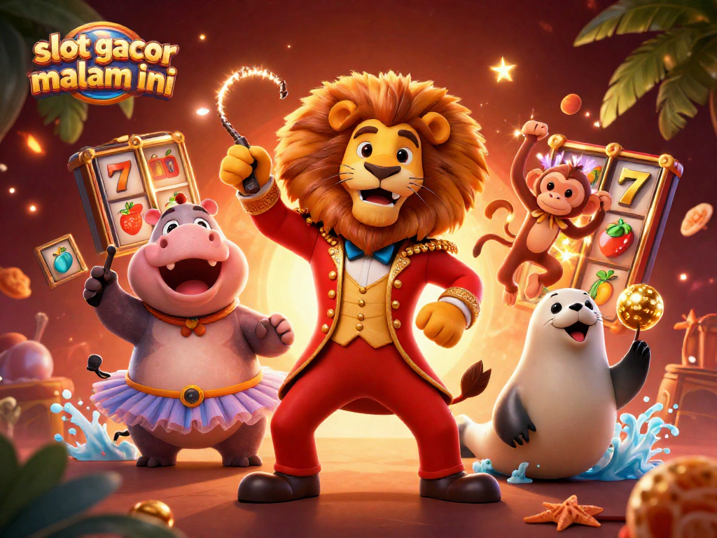 Experience excitement with slot gacor malam ini as the lively circus characters engage in a thrilling gaming scene.