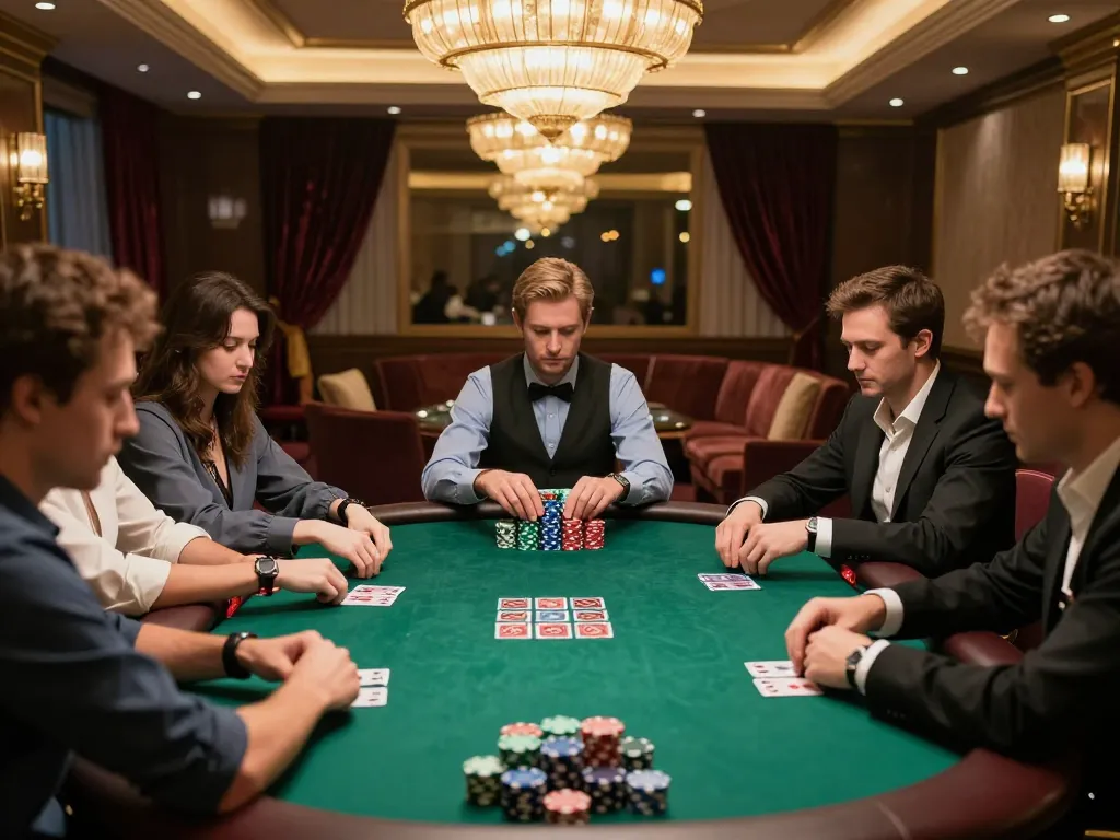 Players strategizing their winning hands during a crucial poker game at CM88's luxurious casino.