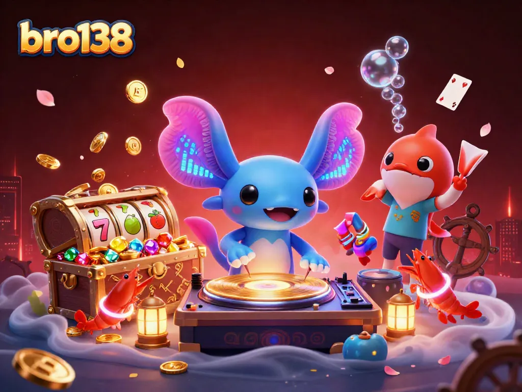 Experience exciting wins at bro138 with a dynamic 3D casino illustration featuring vibrant characters and slot reels.