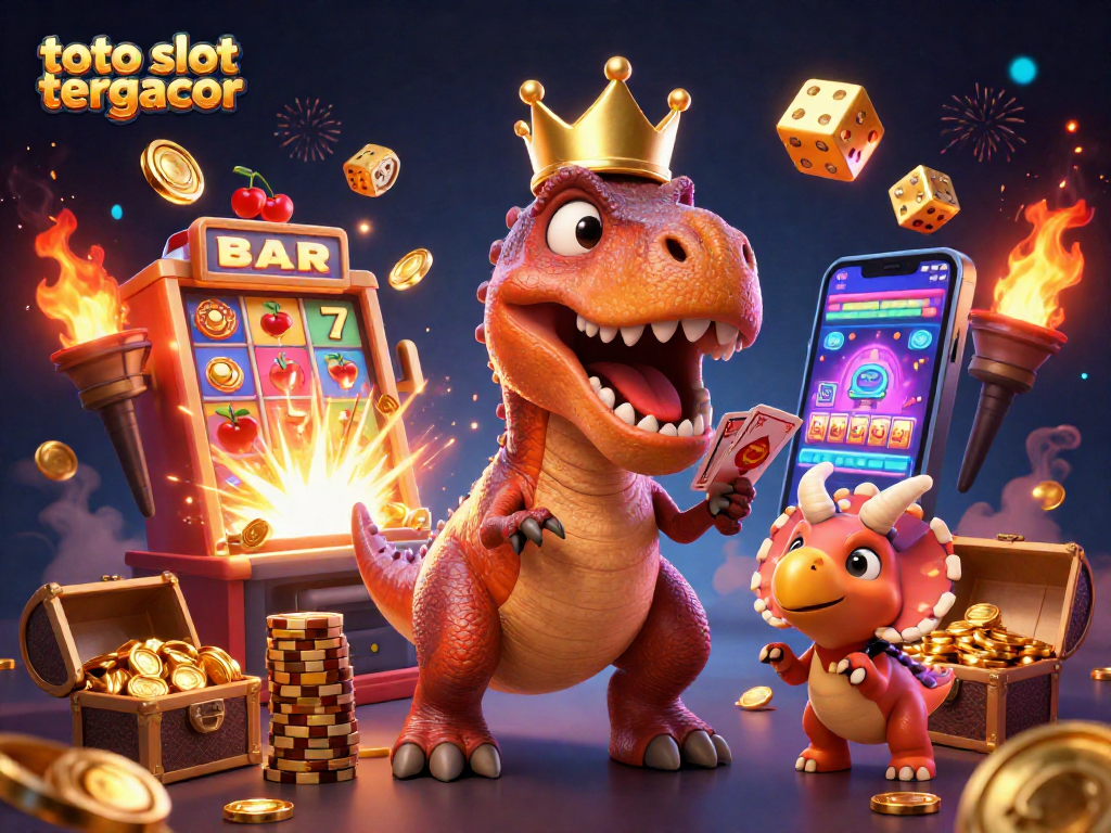 Experience thrilling wins at toto slot tergacor with a vibrant 3D casino scene depicting charismatic dinosaurs and jackpot excitement.