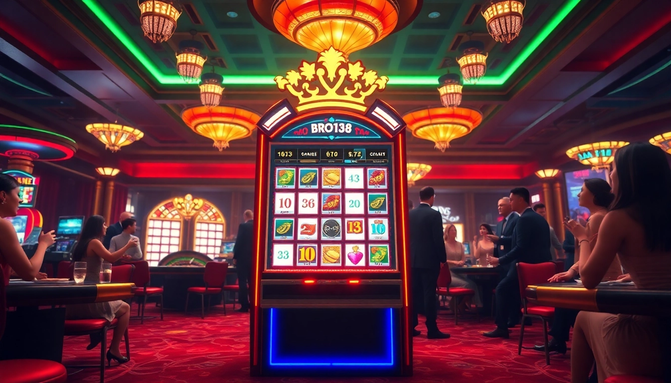 BRO138 slot machine in a vibrant casino scene lively with players enjoying a winning moment.
