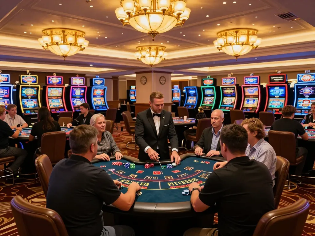 Players enjoying a thrilling game of blackjack at the casino, focusing on tr88 table action and dealer interaction.
