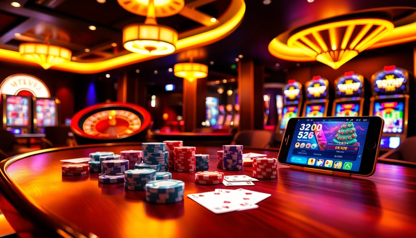 Experience an exciting casino scene with rikvip-themed gaming tables, poker chips, and slot machines.