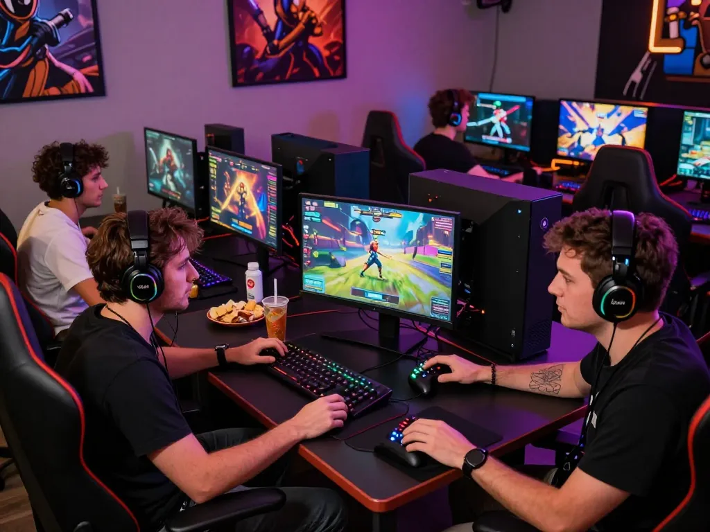 Exciting scene of gamers enjoying porngames online on high-end gaming setups.