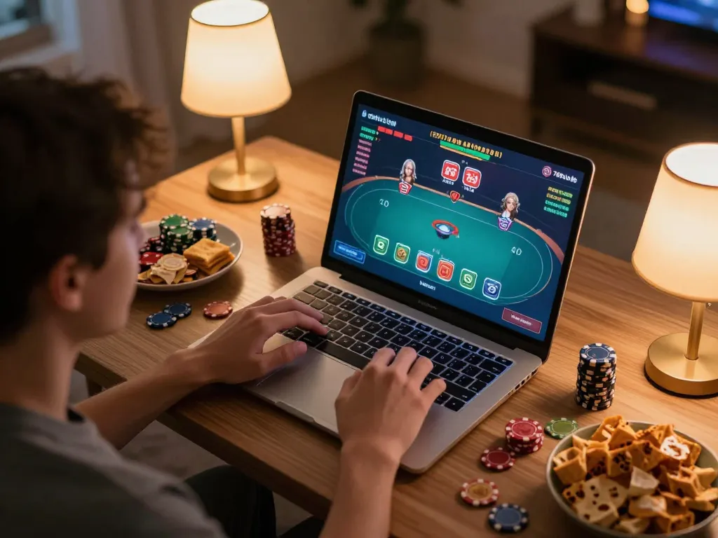 Playing poker on 789club from a cozy home setup with snacks and warm lighting