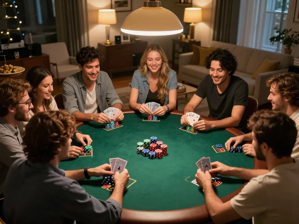 Players enjoying a thrilling poker game at home, emphasizing tr88 strategy and camaraderie.