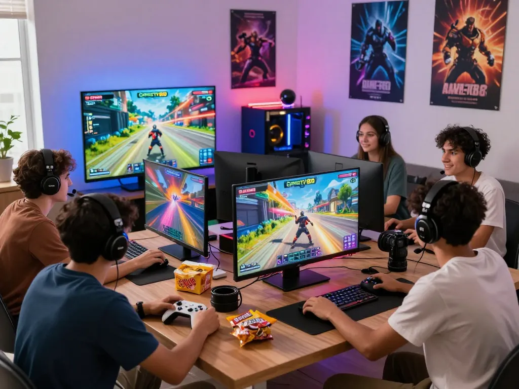Exciting group gaming session featuring Game tv88 on a large screen with dynamic graphics, controllers, and colorful LED lights.