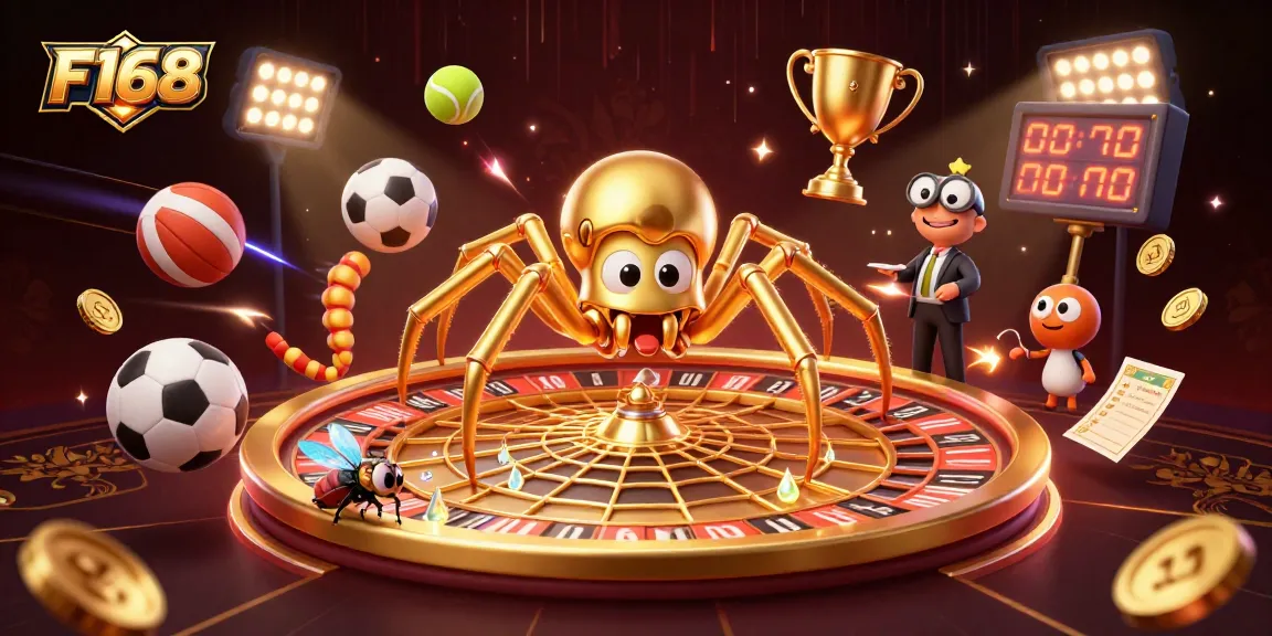F168’s golden spider spins a roulette wheel web, while a fly bets nervously with sports elements scattered.