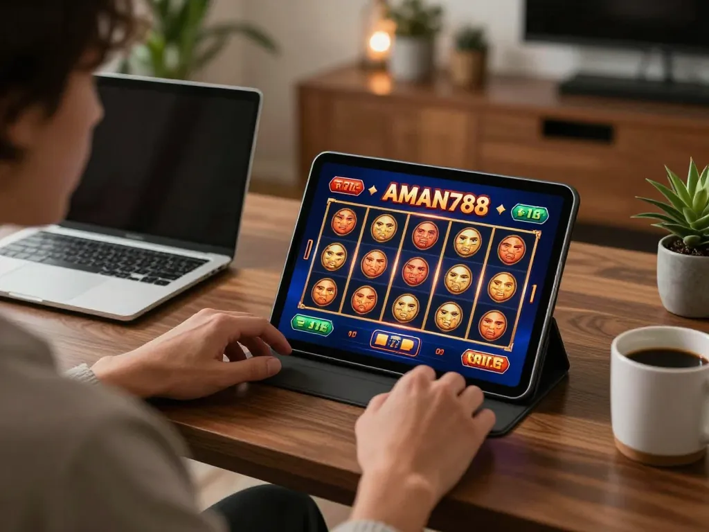 Pengaturan permainan rumah yang menarik menampilkan gameplay slot AMAN788 di tablet dengan catatan dan suasana yang nyaman.