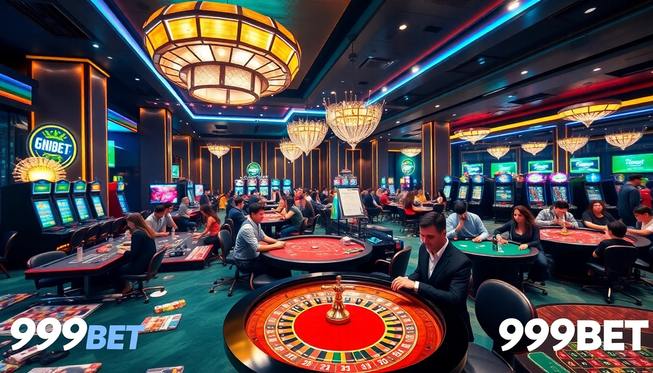 Experience the excitement of 999BET at a luxurious casino gaming floor with vibrant tables and modern decor.