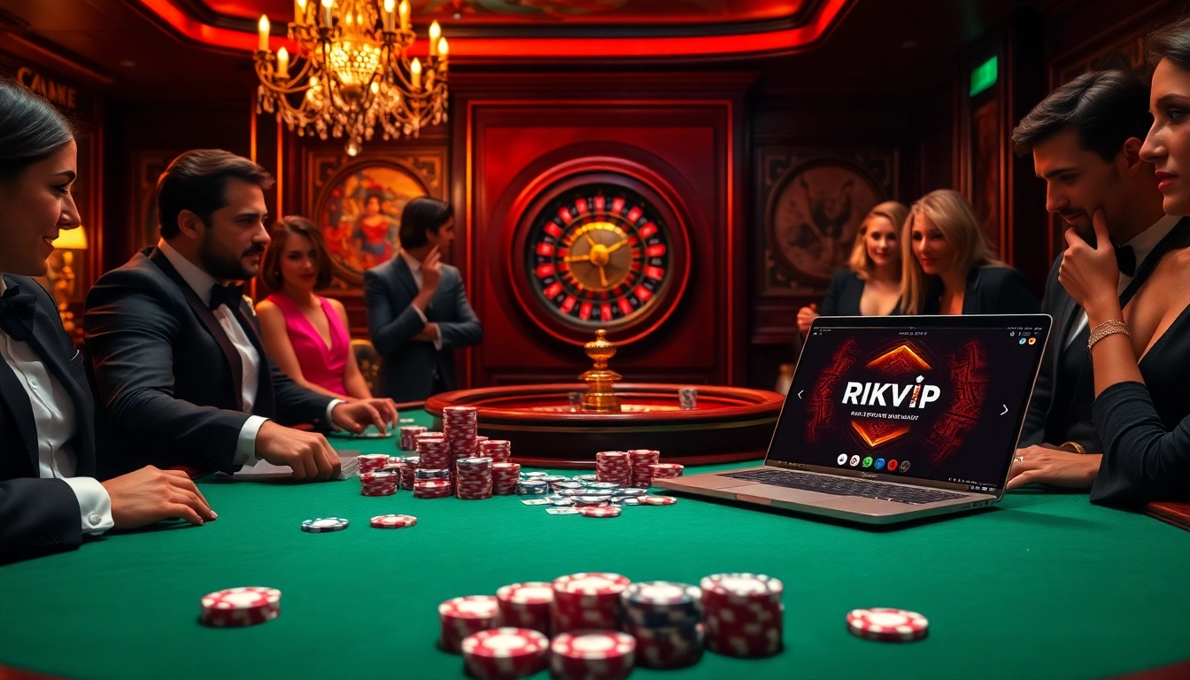 Rikvip poker scene with vibrant chips and cards showcasing the thrill of gambling.