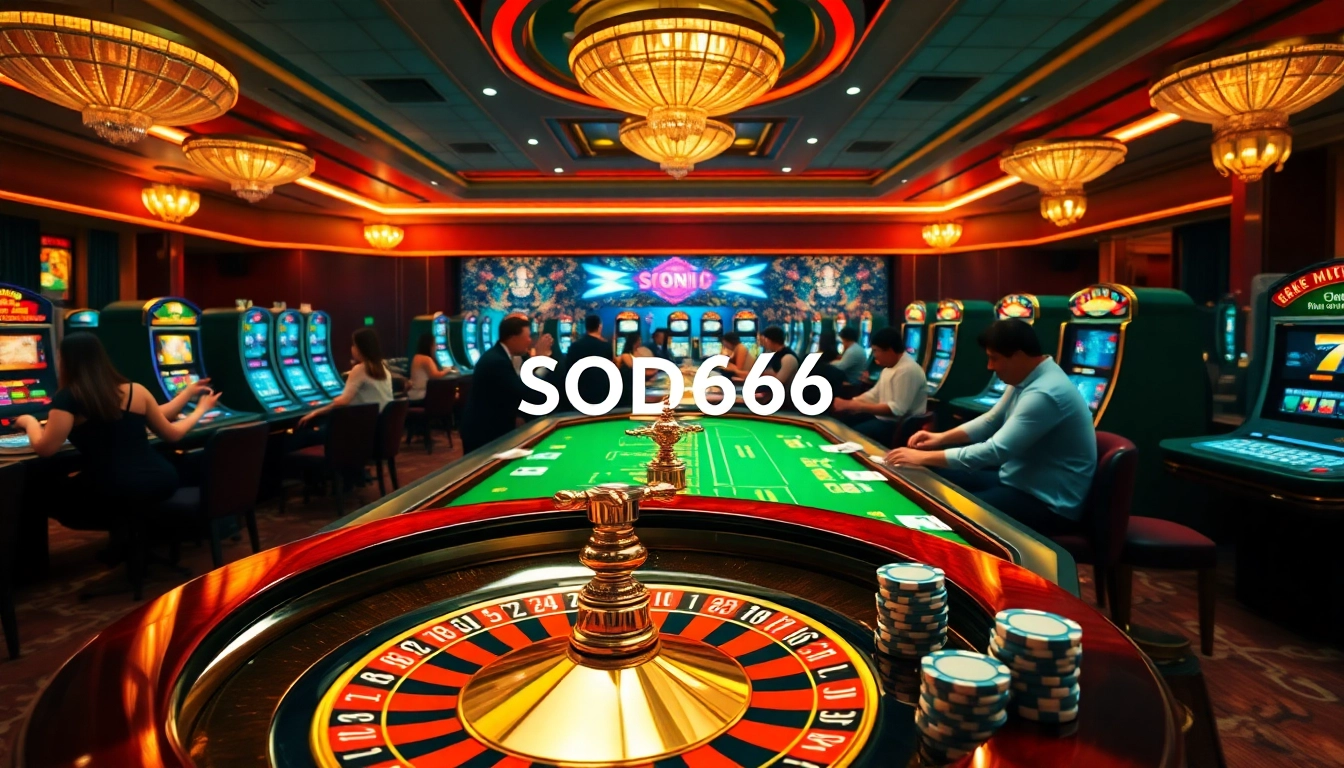 Exciting gambling scene featuring SODO66 casino elements like roulette and poker tables.