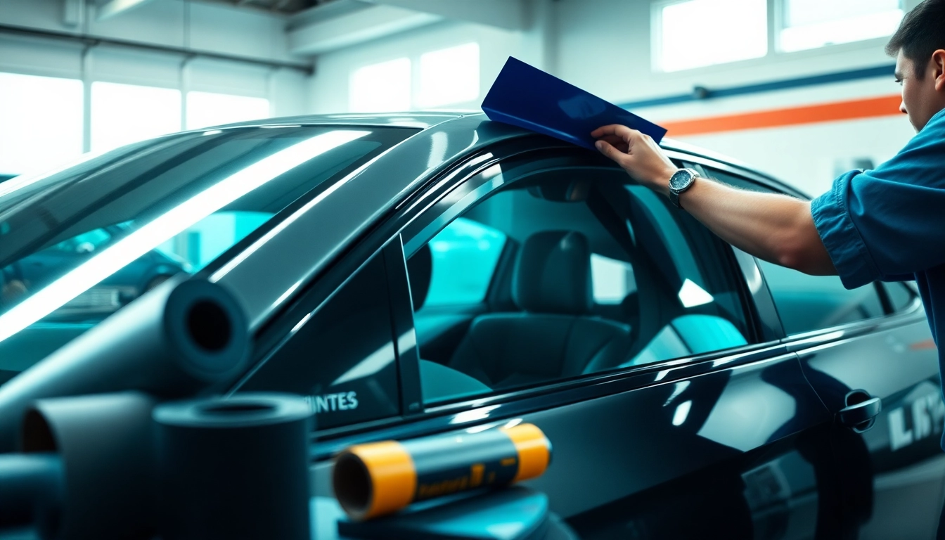 Install quality window tint near me with a professional working in a modern garage.