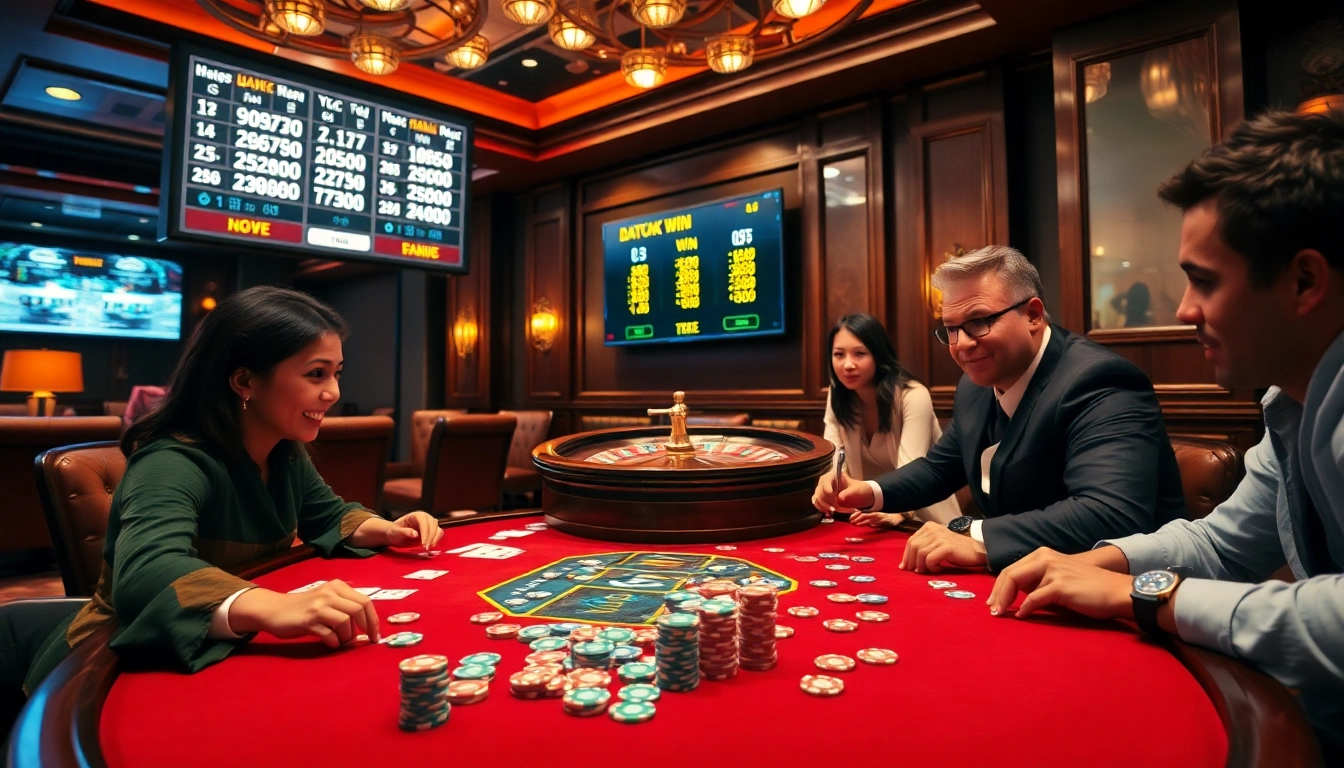 Para pemain merayakan kemenangan Datuk di meja kasino mewah dengan chip poker dan kartu.