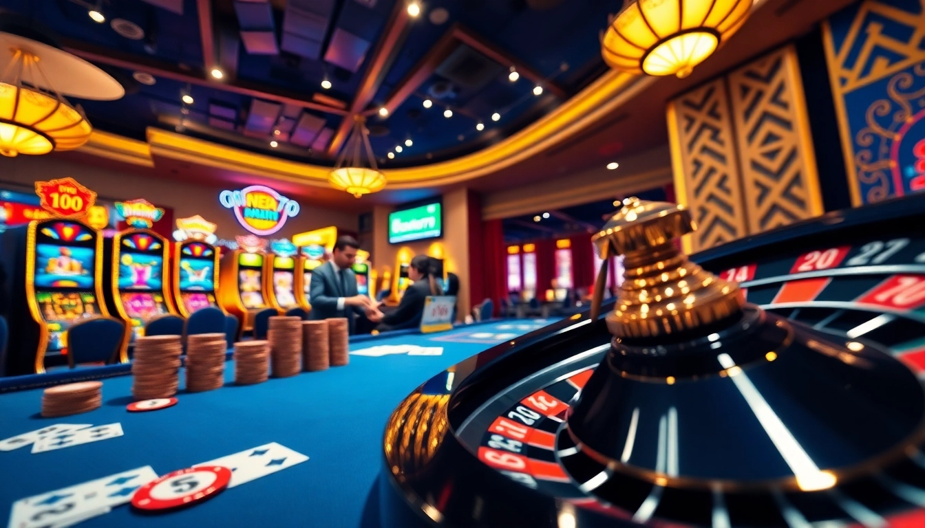 NEO79 casino scene featuring an enticing live dealer table with vibrant slot machines and poker chips.