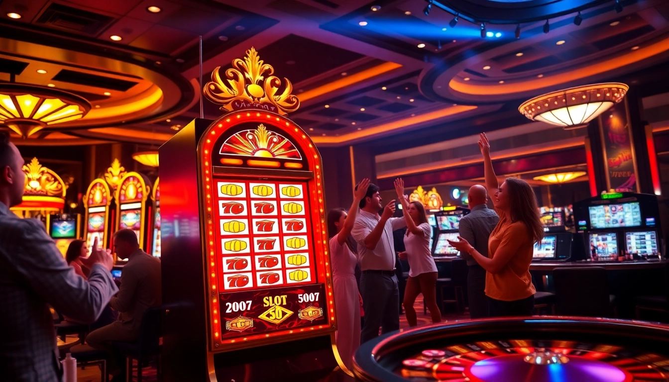 Celebrate a slot bonus win at a luxurious casino, showcasing excitement among players.