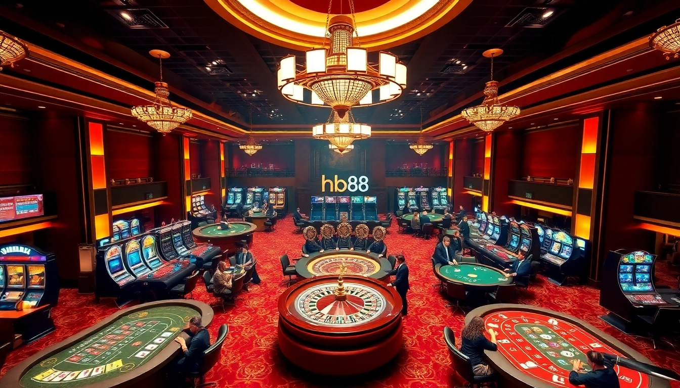 Experience the excitement of hb88 at a vibrant casino with poker tables and a spinning roulette wheel.