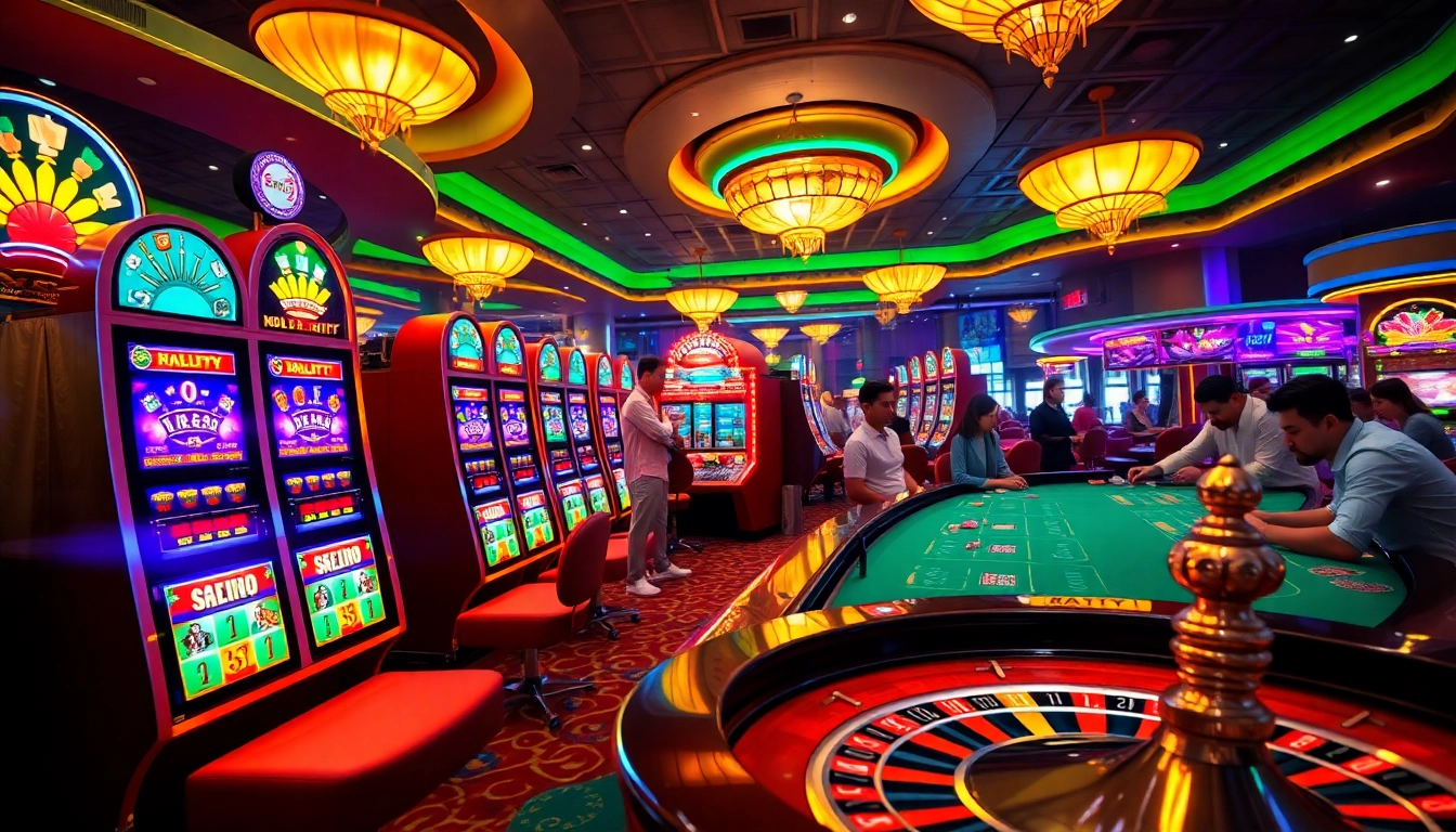 Gamblers enjoying excitement at Nc88-themed casino with vibrant slots and poker games.