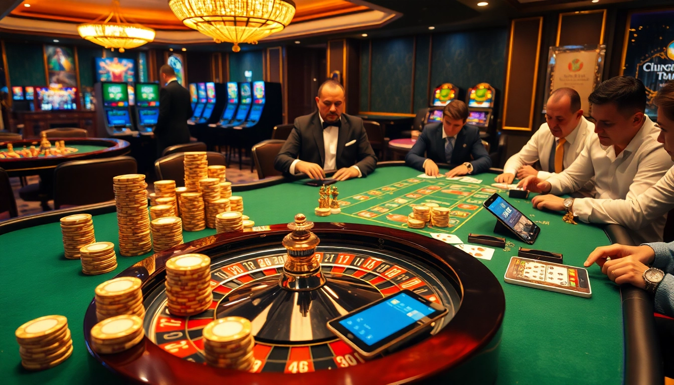 Exciting gambling scene on the 98win trang chủ with blackjack, poker, and roulette tables.