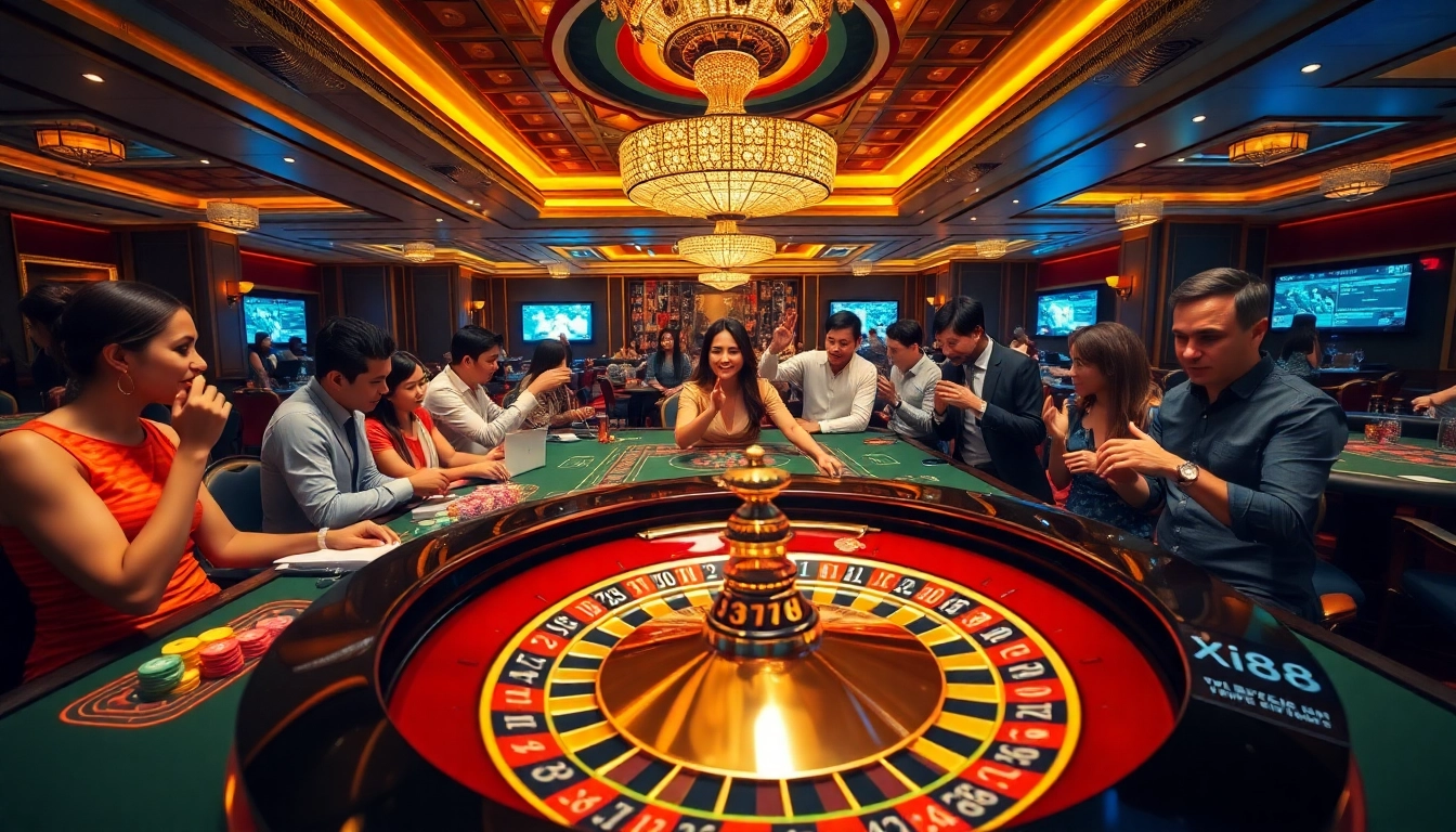 Players enjoying vibrant gambling action at Xin88 casino with roulette and chips.