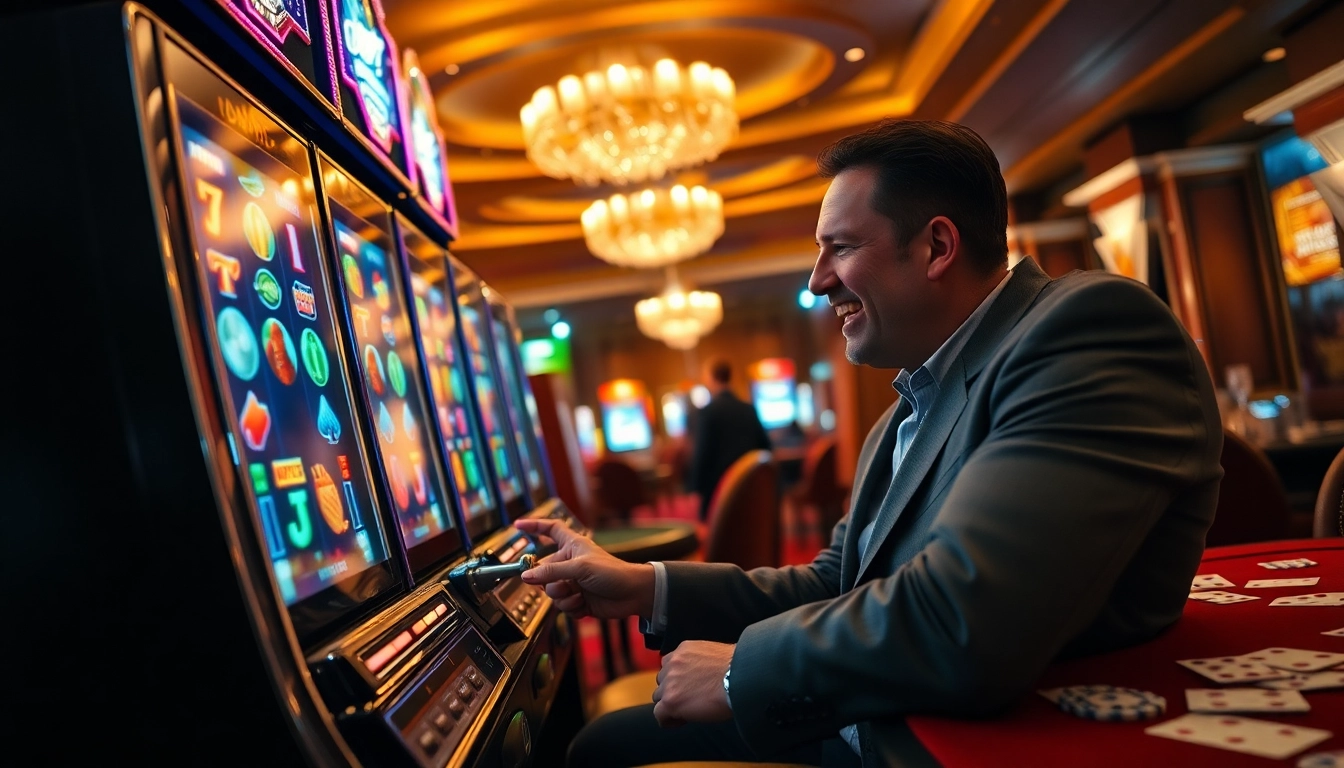 Excited player wins at a vibrant slot machine in a luxurious casino environment.