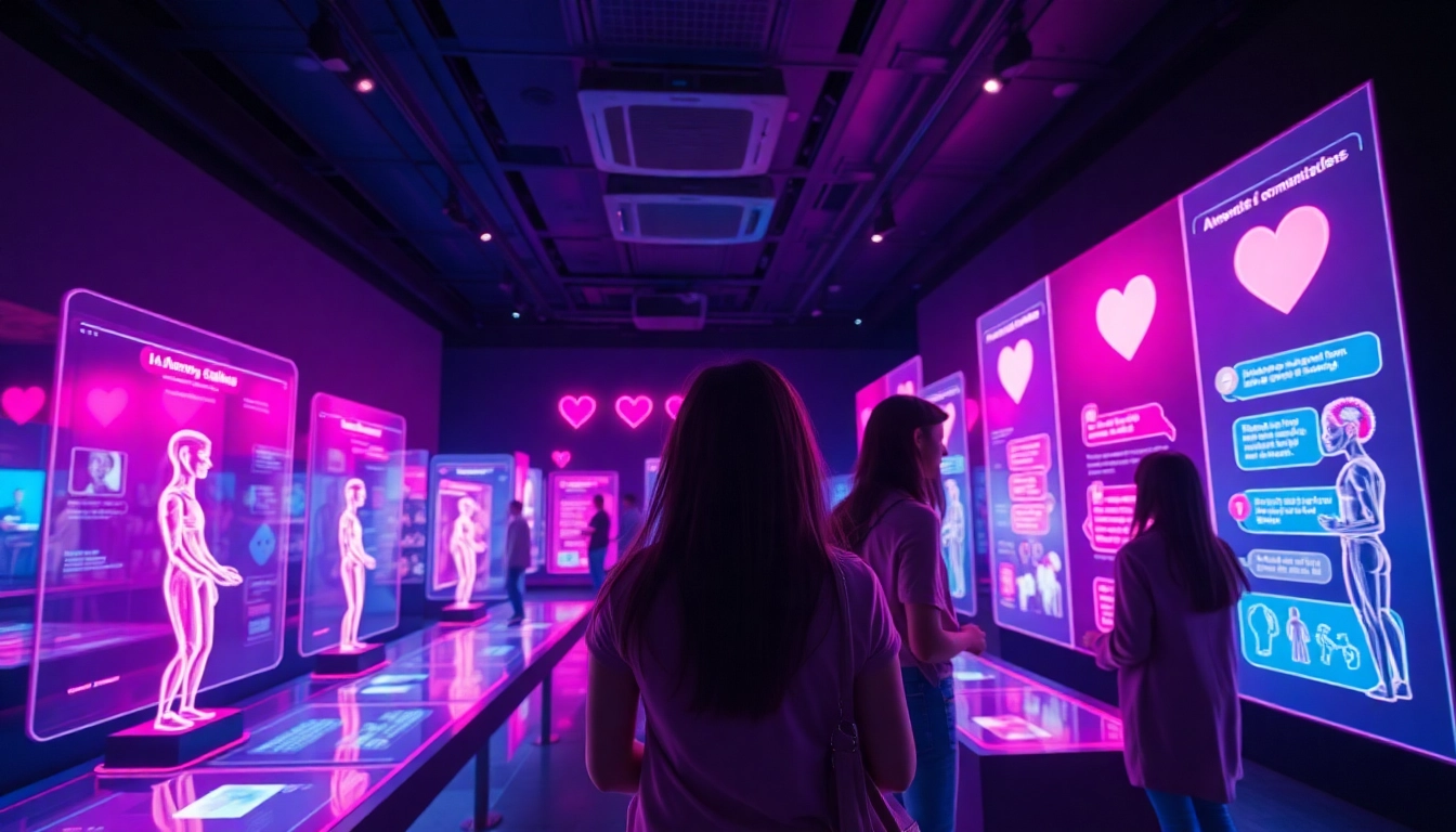 Engaging AI slut digital interactions in a futuristic art gallery setting.