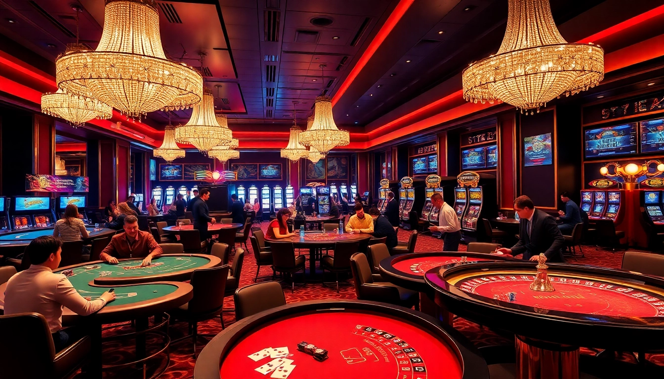SODO casino players engaging with vibrant slot machines and table games in a luxurious setting.