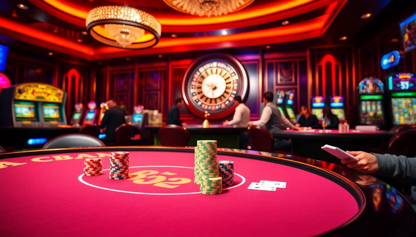 Players enjoying high-stakes games at the b52 club casino, with poker chips and roulette wheels.