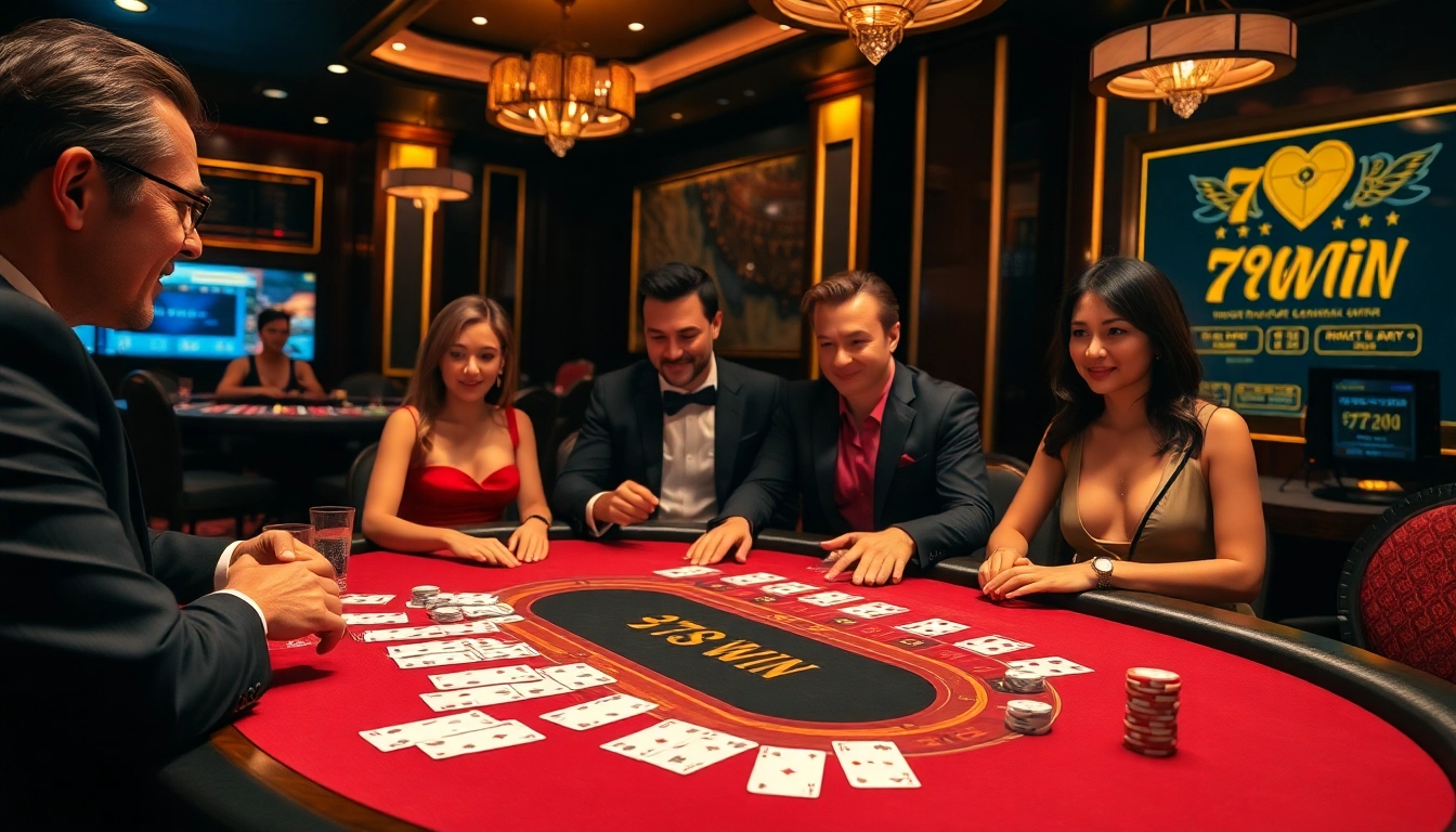 Exciting players engaging at the 78WIN blackjack table in a luxurious casino setting with roulette in the background.