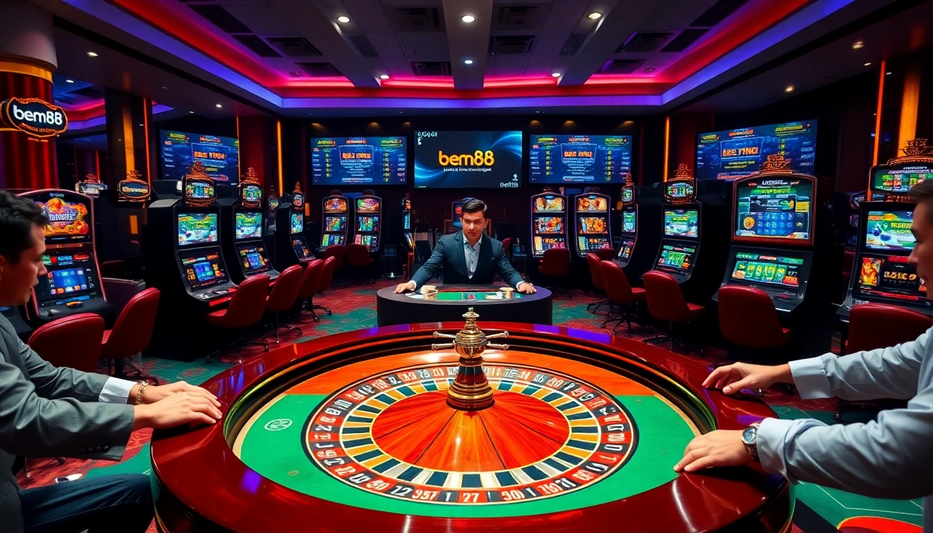 Experience high-stakes excitement at bem88 with a vibrant casino layout featuring roulette and slot machines.