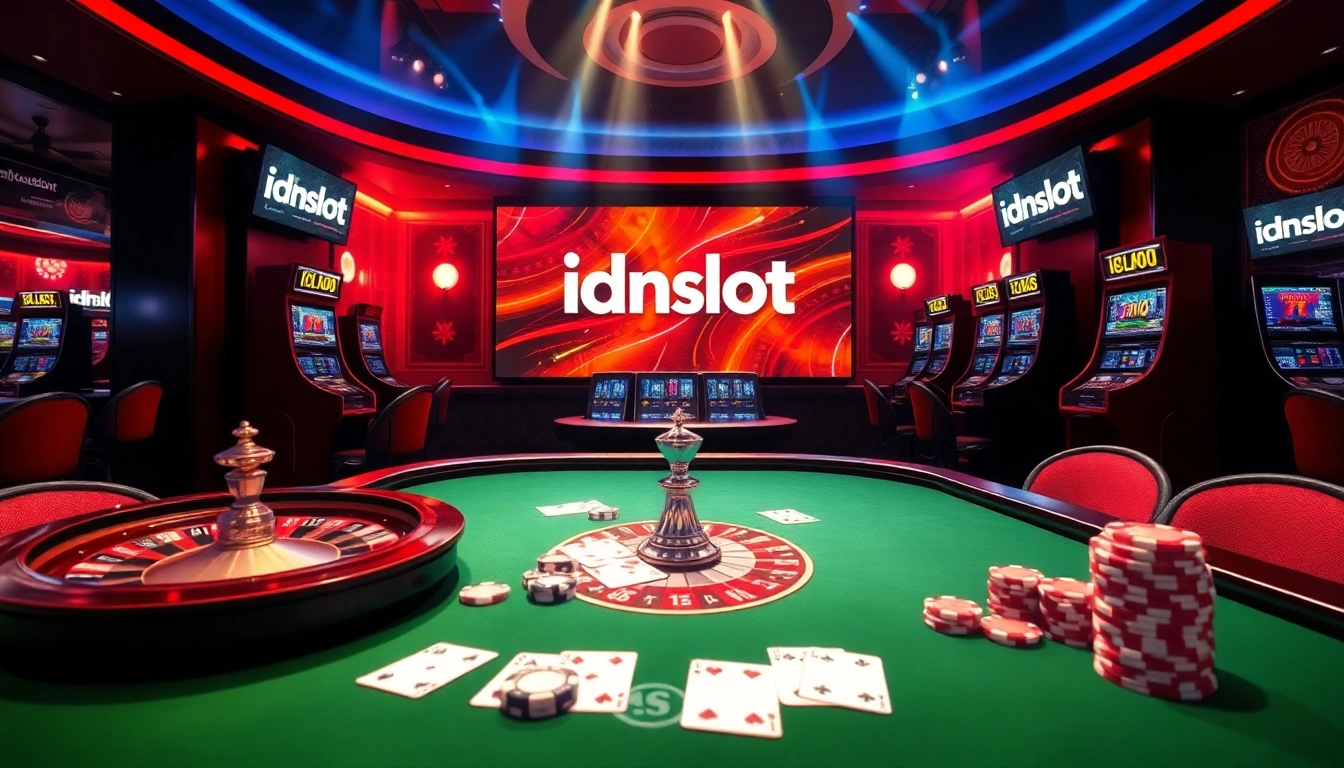 Experience thrilling gameplay at idnslot with vibrant casino elements like roulette and slot machines.