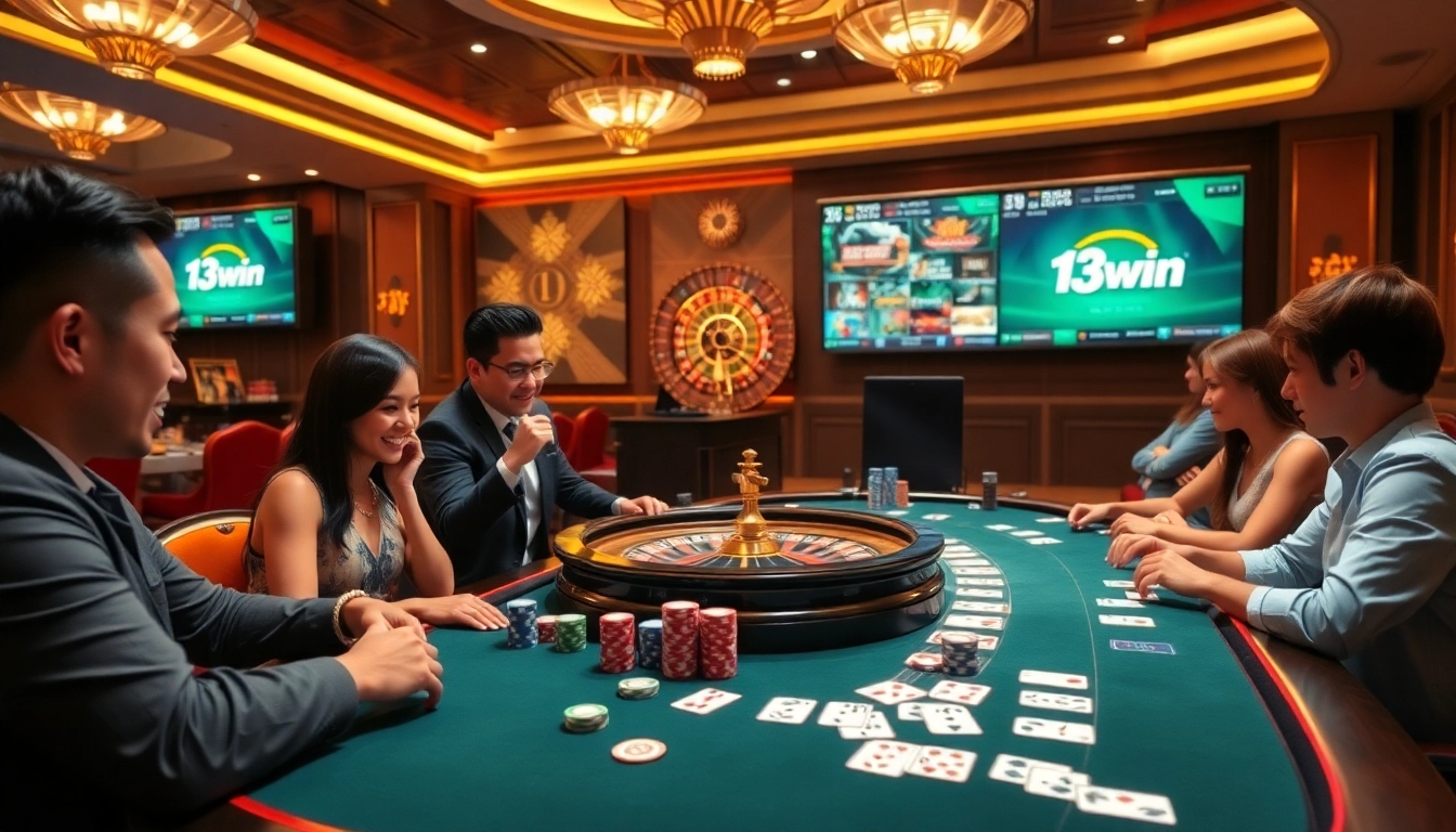 Players enjoying poker at a 13win online casino table, with vibrant colors and luxury ambiance.