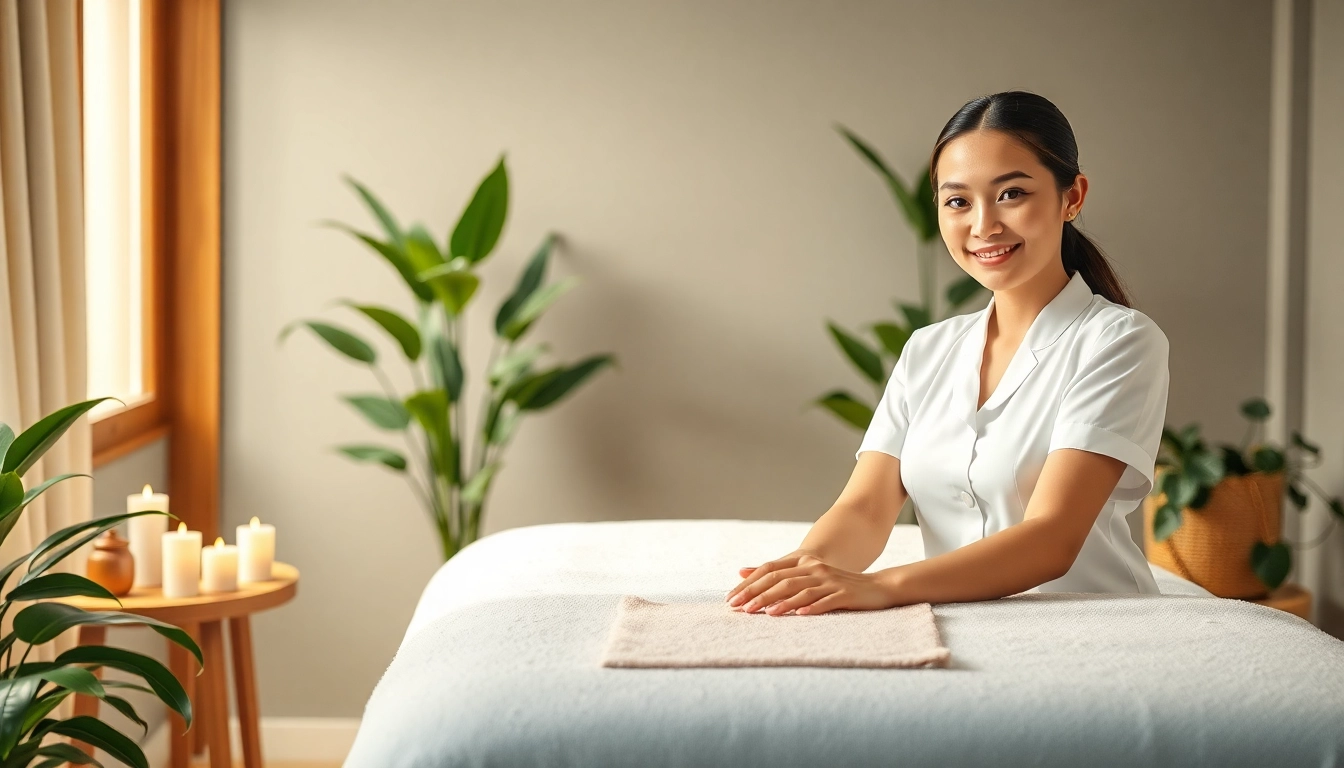 Relaxing scene of a 수원출장마사지 therapist ready to provide soothing massage services in a serene environment.