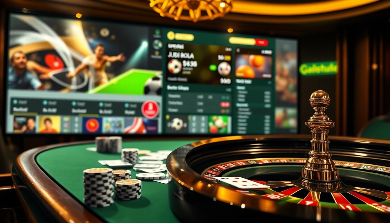 Experience the thrill of Judi Bola betting at an elegant casino table filled with chips and cards.