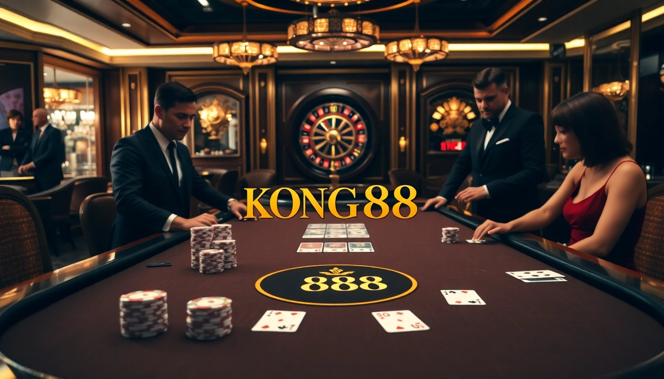 KONG88 poker players compete at a luxury table with vibrant chips and cards.