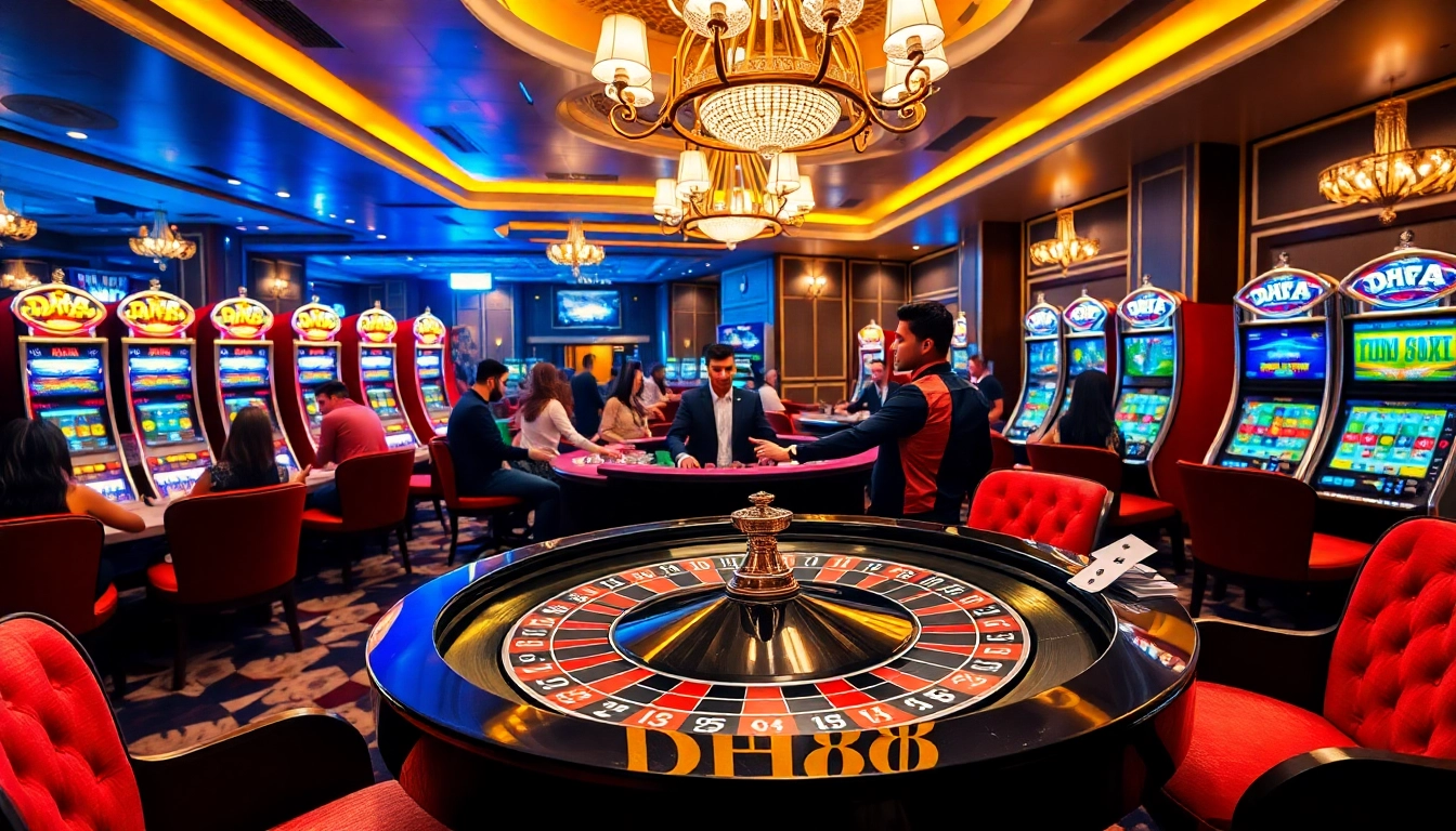Engaged players enjoying high-stakes gambling at DH88 casino with roulette and slots.