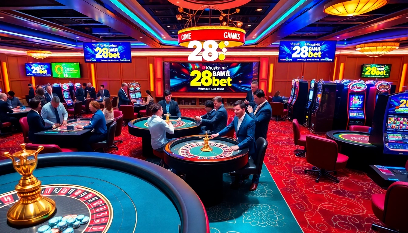 gamblers enjoying khuyến mãi 28bet amidst vibrant casino tables and games