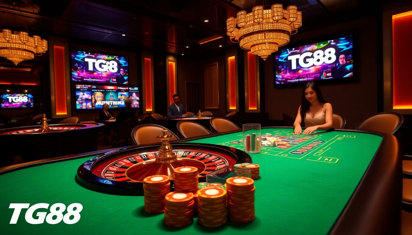 Experience TG88 thrilling casino games with vibrant poker chips and roulette excitement.