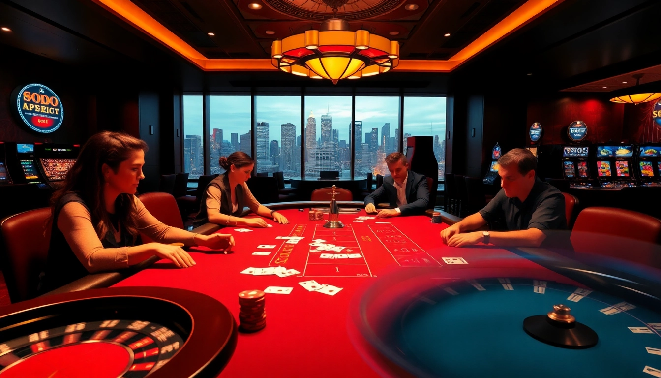 SODO casino showcasing an exciting poker game with vibrant ambiance and spinning roulette wheel.