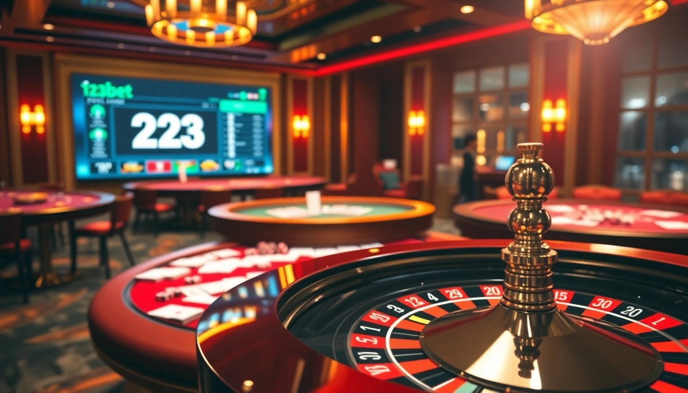 Experience thrilling gambling with 123bet's vibrant casino atmosphere featuring poker chips and roulette.